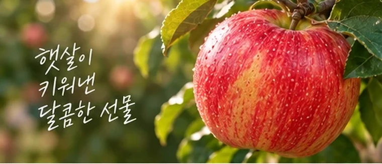 햇살이 키워낸 달콤한 선물 — 나무에 달린 홍로 사과