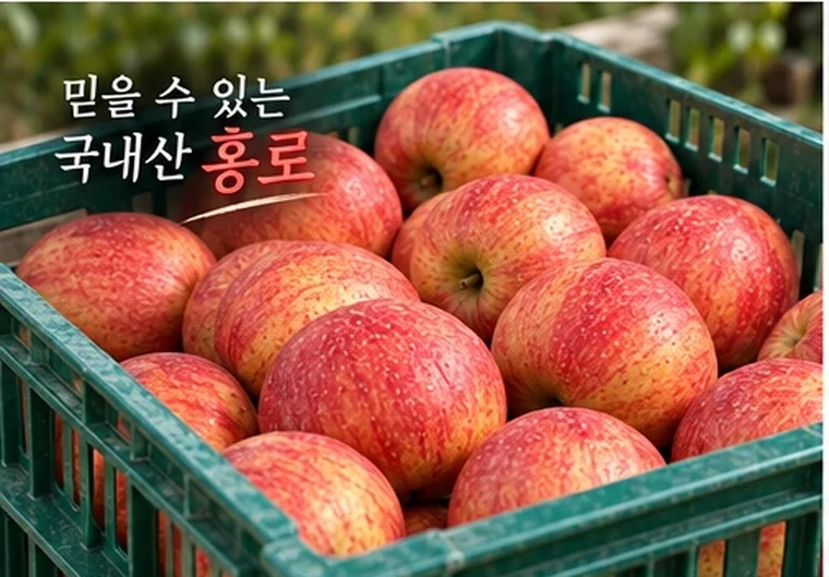 믿을 수 있는 국내산 홍로 — 수확 상자에 담긴 사과